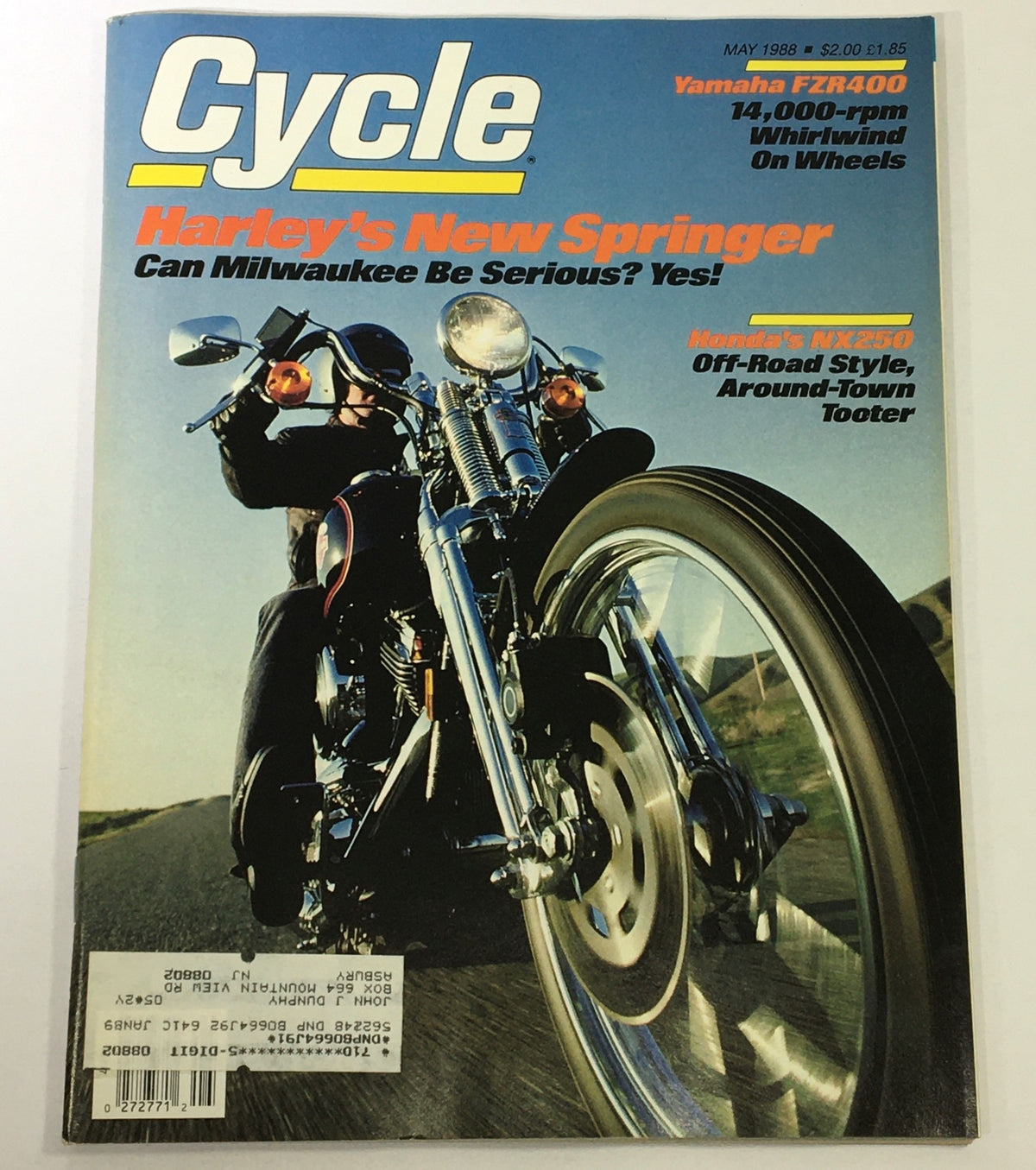 Vintage Cycle Magazine May 1988 cover featuring Harley's New Springer, Yamaha FZR400, and Honda NX250, showcasing motorcycle culture and history.