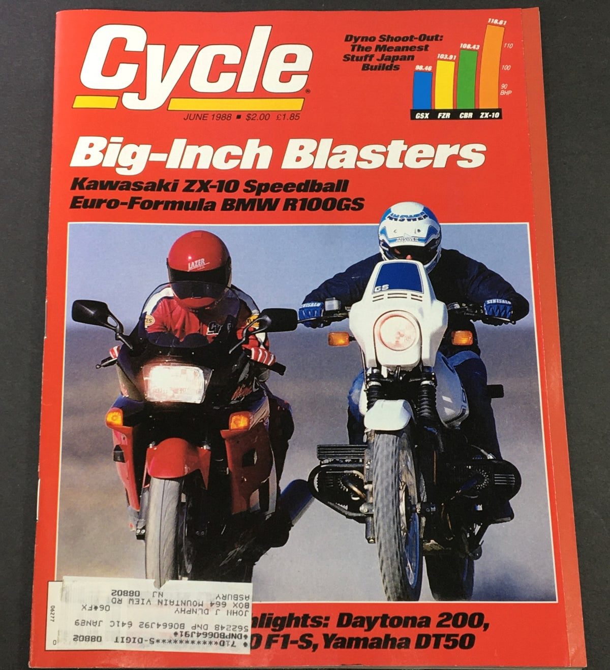 VTG Cycle Magazine June 1988 cover featuring Kawasaki ZX-10 Speedball and BMW R100GS motorcycle models, showcasing motorcycle culture and engineering advancements of the late 80s.
