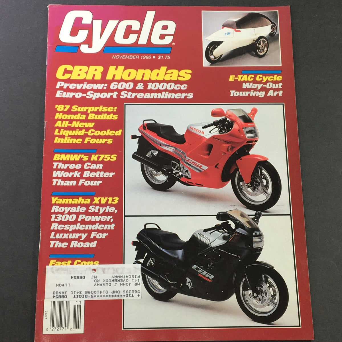 Cover of VTG Cycle Magazine November 1986 featuring Honda CBR 600 & 1000cc and BMW K75S motorcycles, showcasing vibrant red and black bike designs.