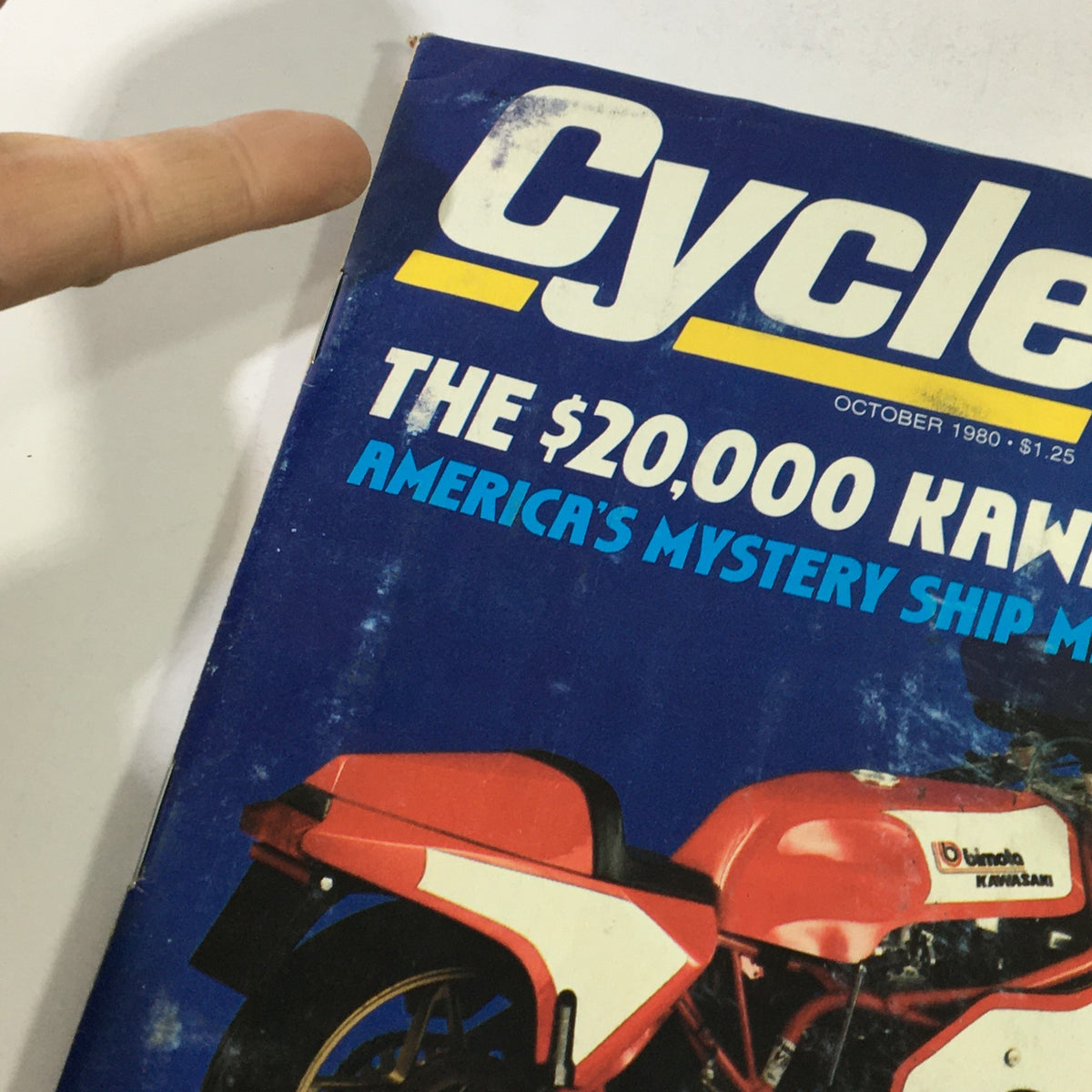 Close-up of Vintage Cycle Magazine Cover - October 1980 showcasing the Kawasaki KZ550 and Bimota KB1 motorcycles with title details.
