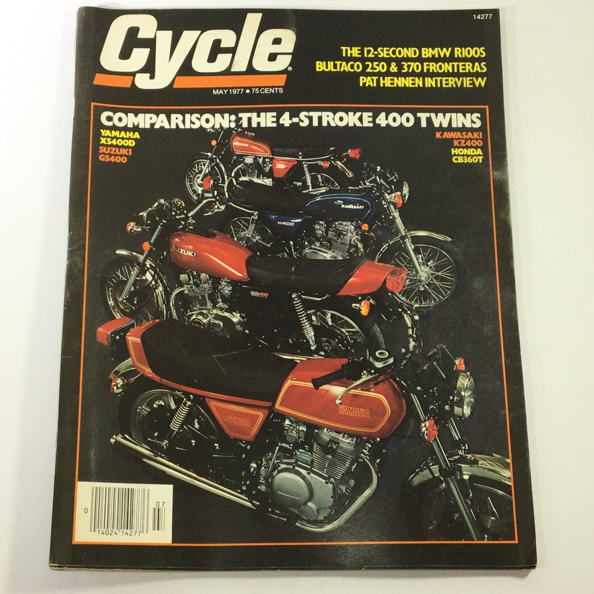 Cover of VTG Cycle Magazine May 1977 featuring a comparison of iconic 4-stroke twins Yamaha XS40D and Suzuki GS400, showcasing detailed images of the motorcycles, along with additional models from Kawasaki and Honda, providing historical context and insights into 1970s motorcycle culture.