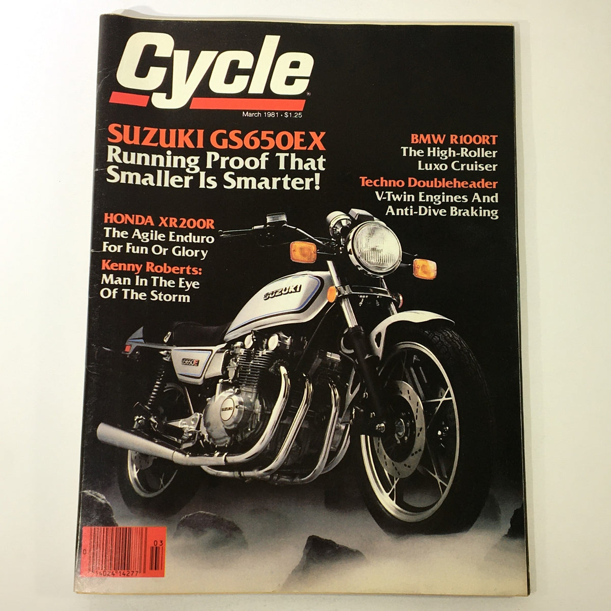Cover of VTG Cycle Magazine March 1981 featuring Suzuki GS650EX, BMW R100T, and Honda XR200R. Highlights include articles on motorcycle innovation and design, showcasing iconic models.