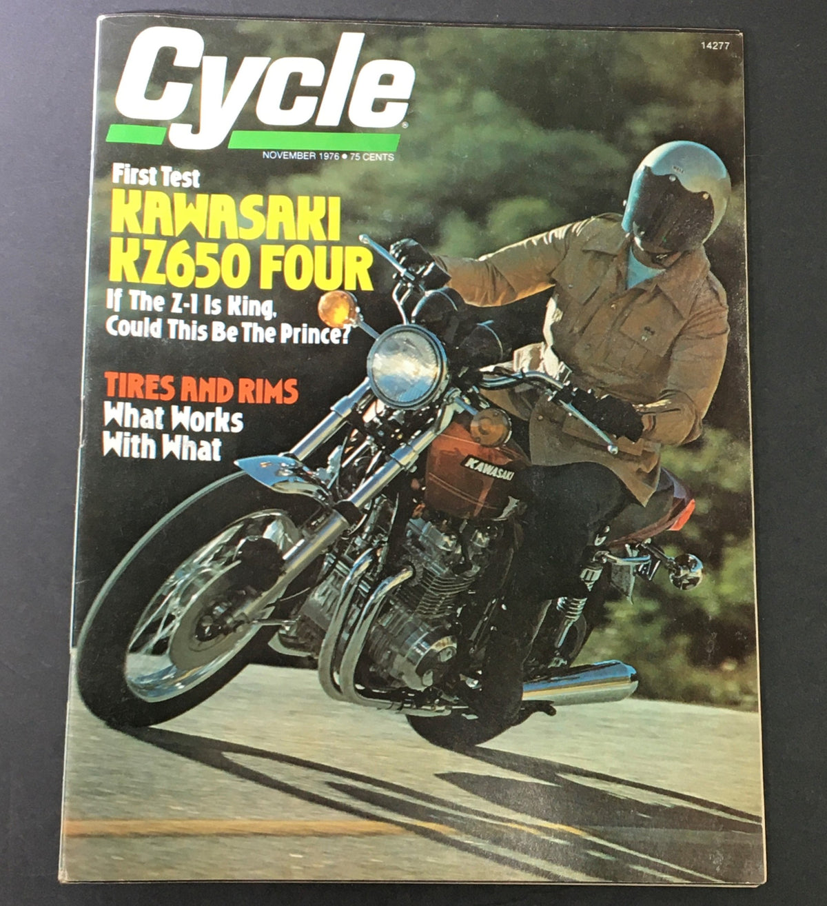 VTG Cycle Magazine November 1976 featuring Kawasaki KZ650 Four motorcycle on the cover, showcasing the bike's sleek design and historic significance in motorcycle culture, with headlines on tires and rims.