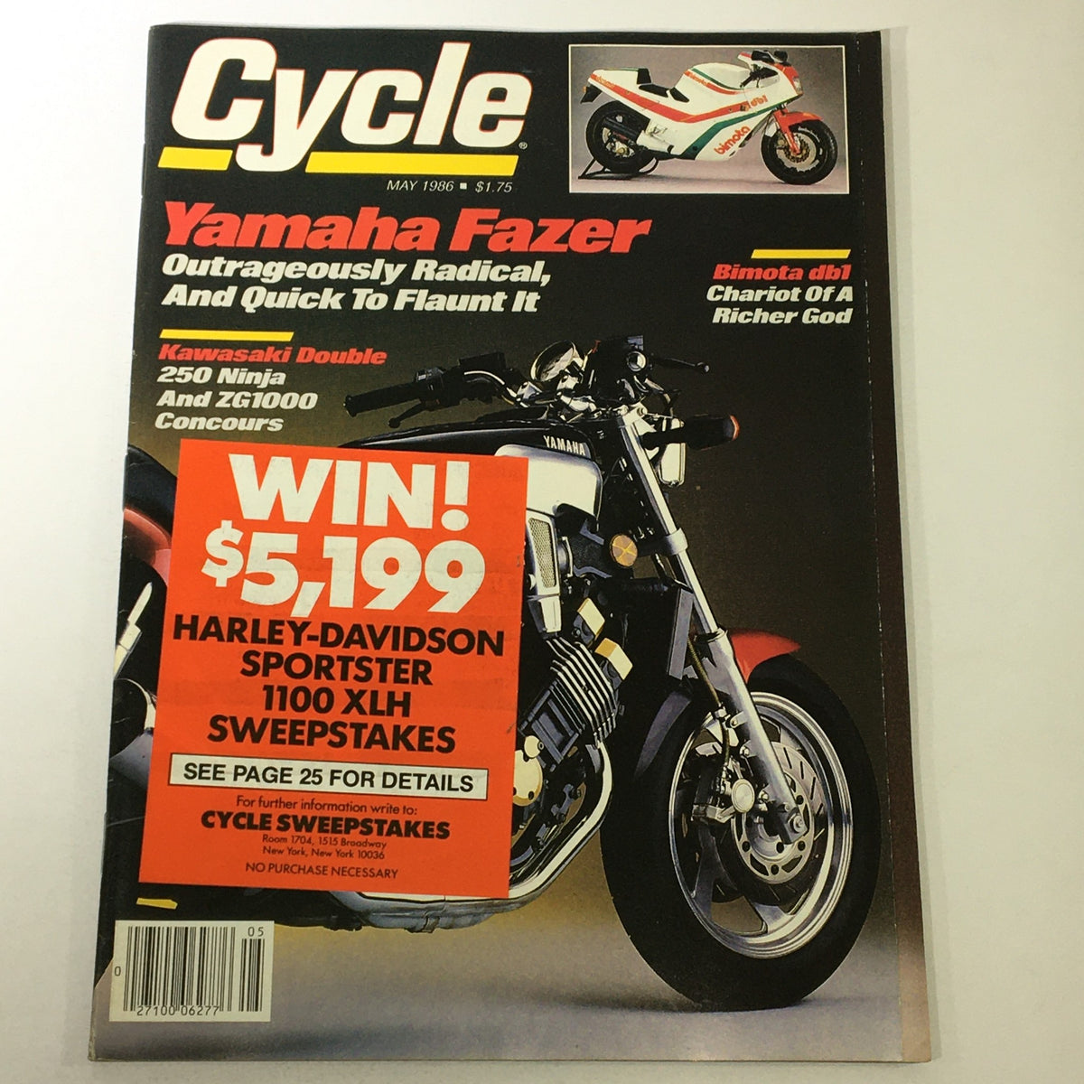 Cover of Cycle Magazine, May 1986 issue featuring Yamaha Fazer, Bimota db1, and Kawasaki 250 Ninja. Bold headline reads 'WIN! $5,199 HARLEY-DAVIDSON SPORTSTER 1100 XLH SWEEPSTAKES'.