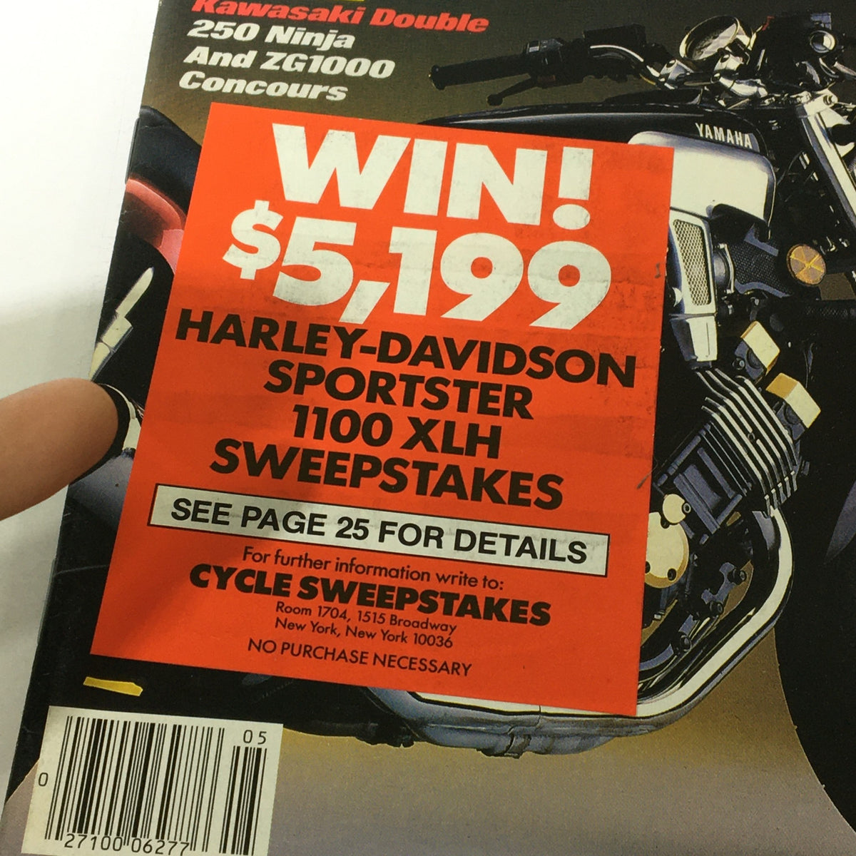 Detailed focus on the sweepstakes announcement in Cycle Magazine, May 1986. Highlights the chance to win $5,199 for the HARLEY-DAVIDSON SPORTSTER 1100 XLH, with additional motorcycle information in the background.