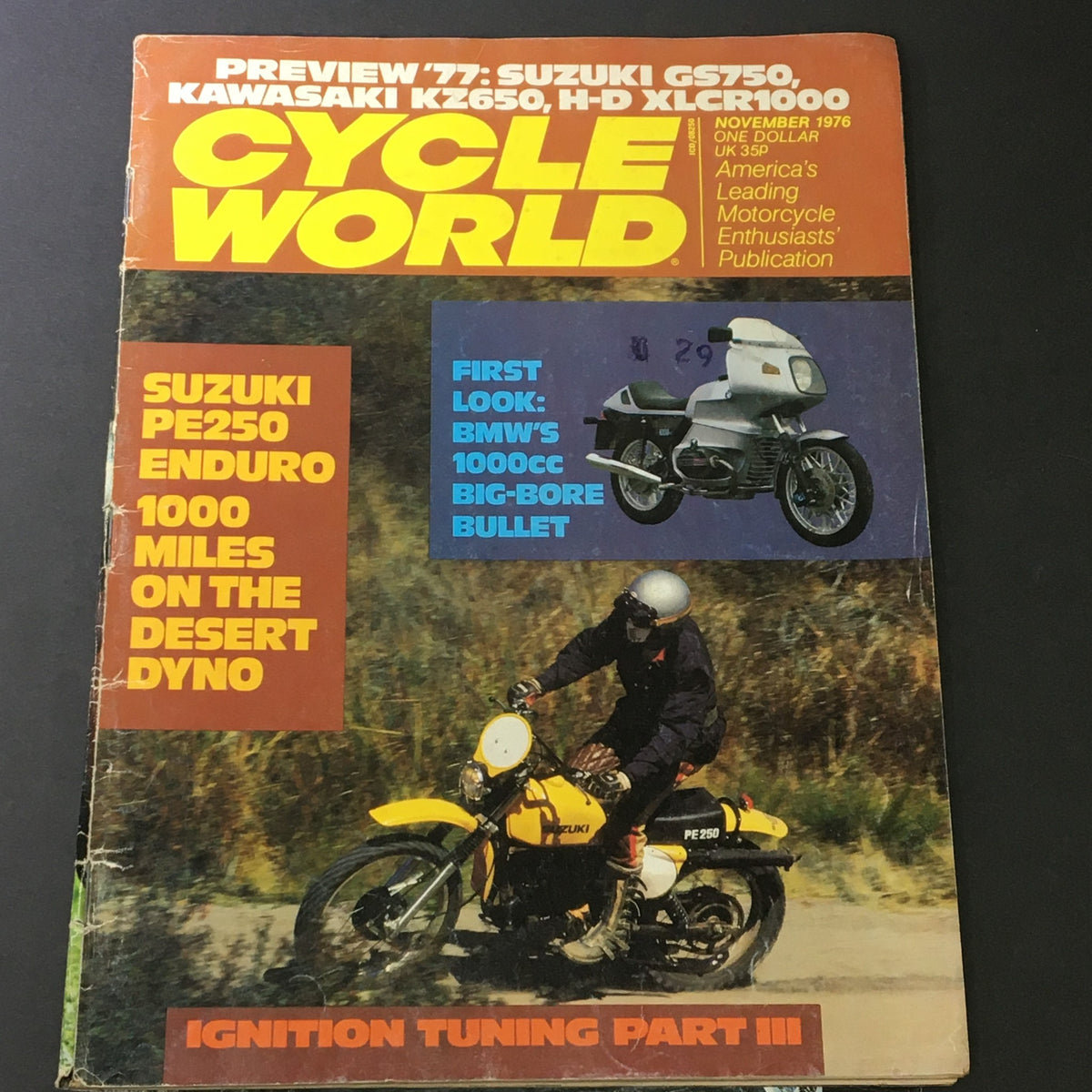 Cover of VTG Cycle Magazine November 1976 featuring Suzuki PE250 Enduro and BMW 1000cc Bullet, showcasing vintage motorcycle culture.