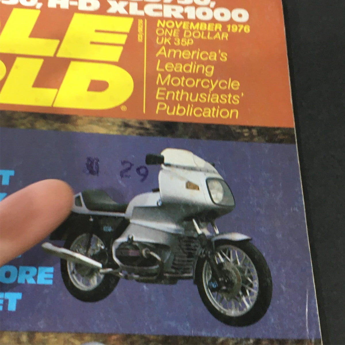 Close-up of VTG Cycle Magazine November 1976 cover highlighting BMW 1000cc Bullet, including price tag, reflecting motorcycle enthusiasts' publication.