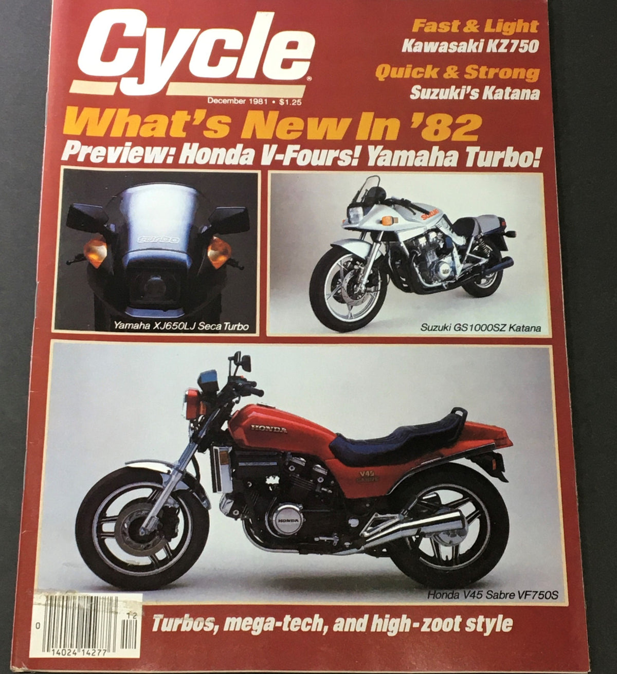 Cover of VTG Cycle Magazine December 1981 featuring Kawasaki KZ750, Suzuki Katana, and Honda Sabre. The magazine highlights motorcycle advancements and cultural insights from the early 1980s.