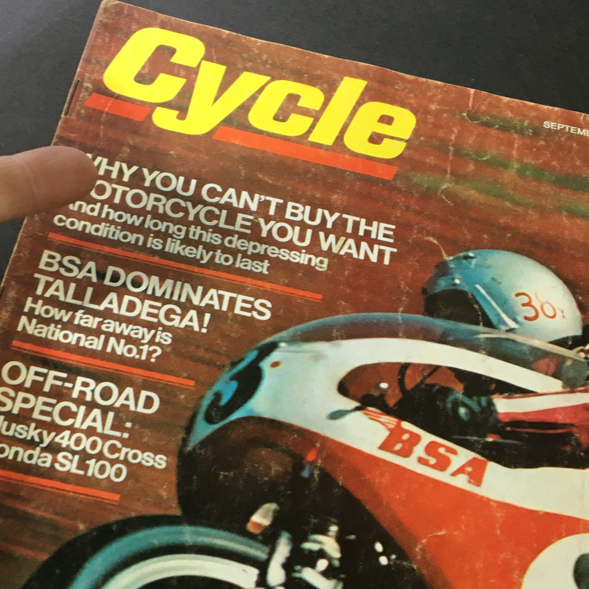Close-up of VTG Cycle Magazine September 1970 cover highlighting articles on motorcycles, including off-road special on Husky 400 Cross and Honda SL100.