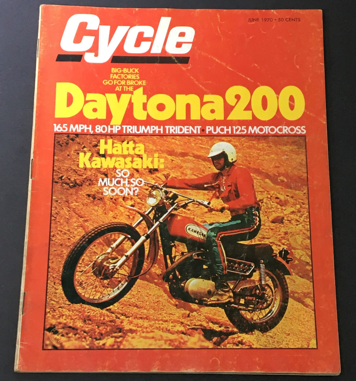 Cover of the June 1970 issue of Cycle Magazine featuring Daytona 200, Triumph Trident, and Punch 125. The bold title highlights 'Daytona 200' with an image of a motorcyclist on a Kawasaki.