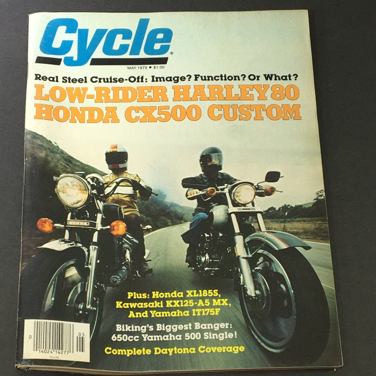 Cover of VTG Cycle Magazine May 1979 featuring motorcycles, including Honda XL185S, Kawasaki KX125-A5 MX, and Yamaha IT175F, highlighting iconic models and late 70s motorcycle culture.