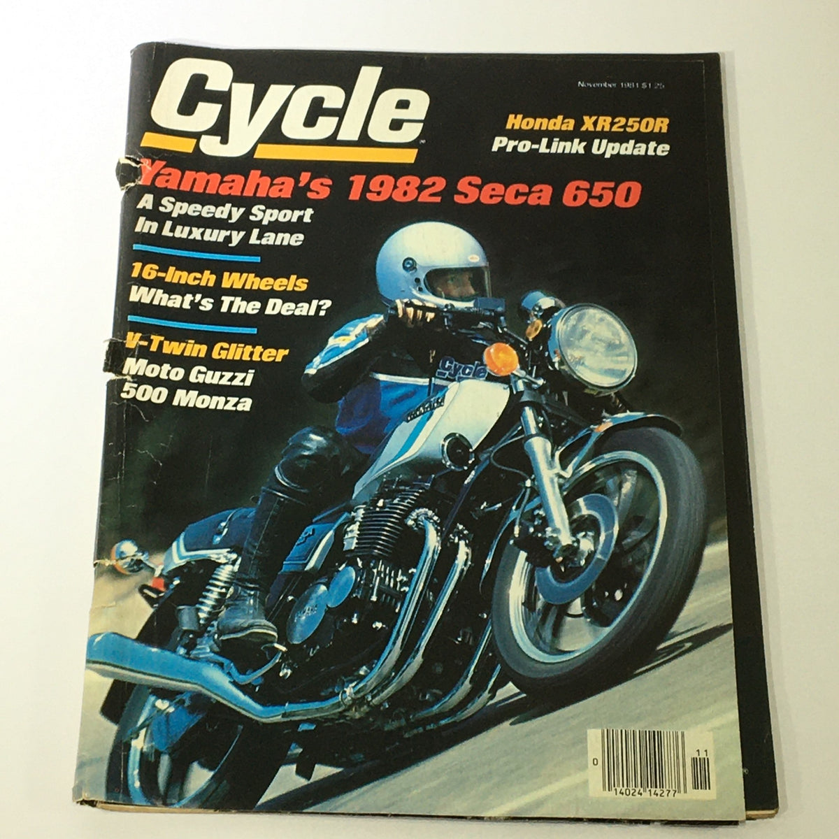 Cover image of VTG Cycle Magazine November 1981 featuring Yamaha's 1982 Seca 650 and V-Twin Moto Guzzi with articles on motorcycle performance and innovations.