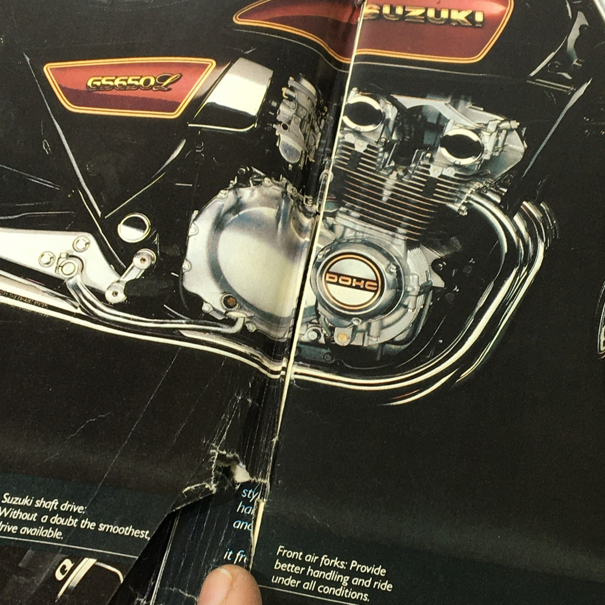 Close-up of a vintage motorcycle engine showcased in the VTG Cycle Magazine November 1981, illustrating the design of Suzuki GS650 motorcycle.