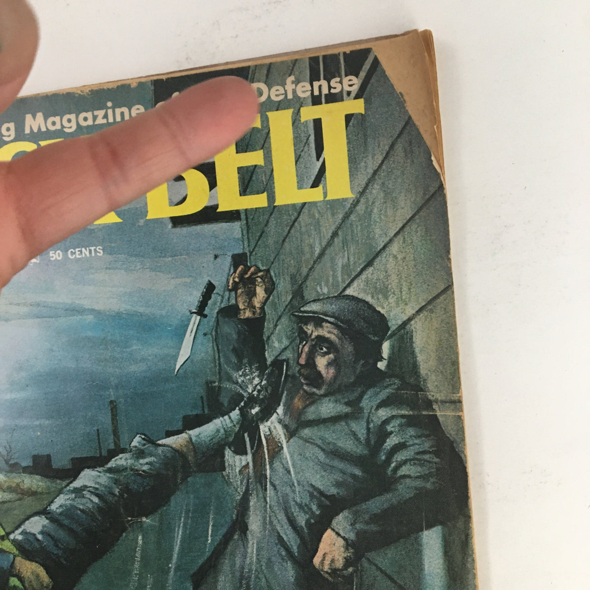 Close-up of the cover of Black Belt Magazine March 1967, showing the tagline about Savate and the striking illustration.