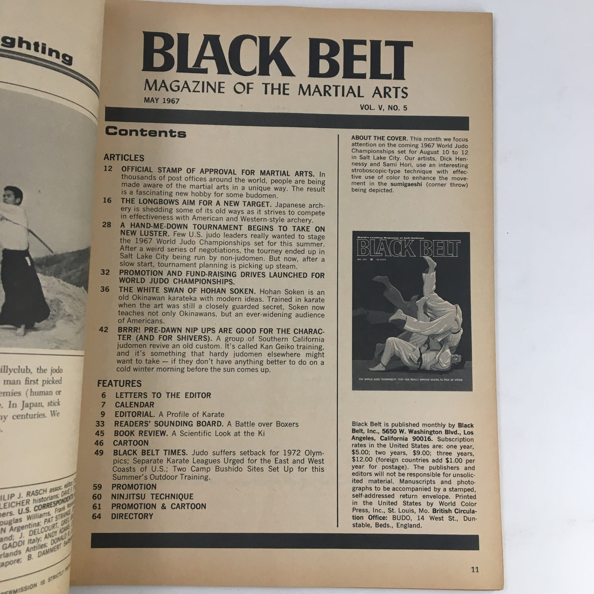 Inside page of Black Belt Magazine May 1967 featuring the table of contents and articles about martial arts, including coverage of the World Judo Championship in Salt Lake City.