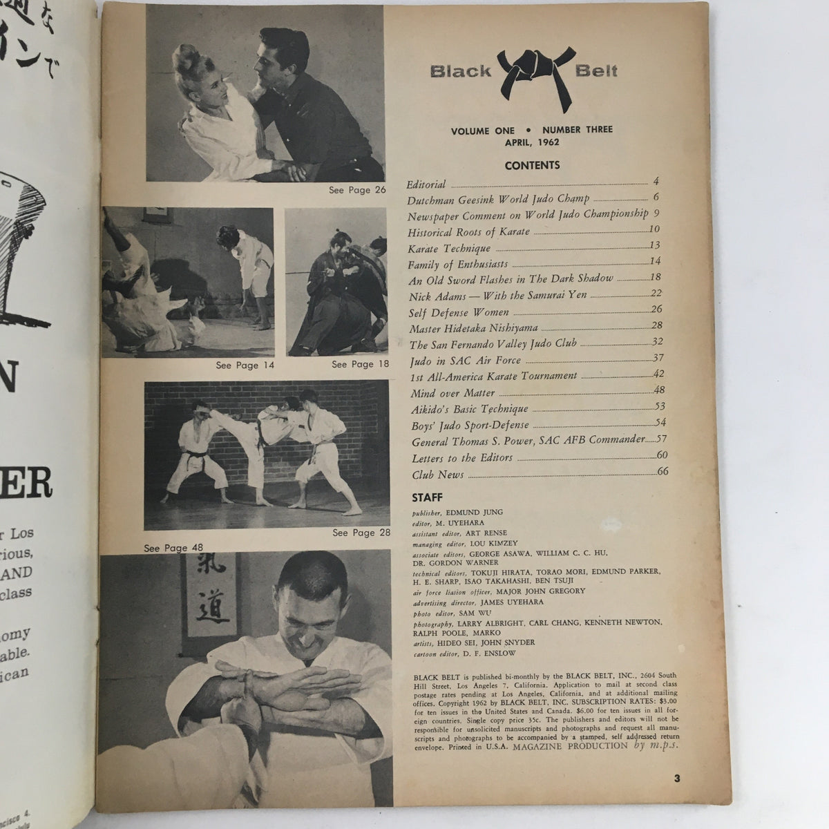Contents page of Black Belt Magazine April 1962 Vol. 1 No. 3 detailing featured articles including judo and karate techniques, and notable figures like Nick Adams.