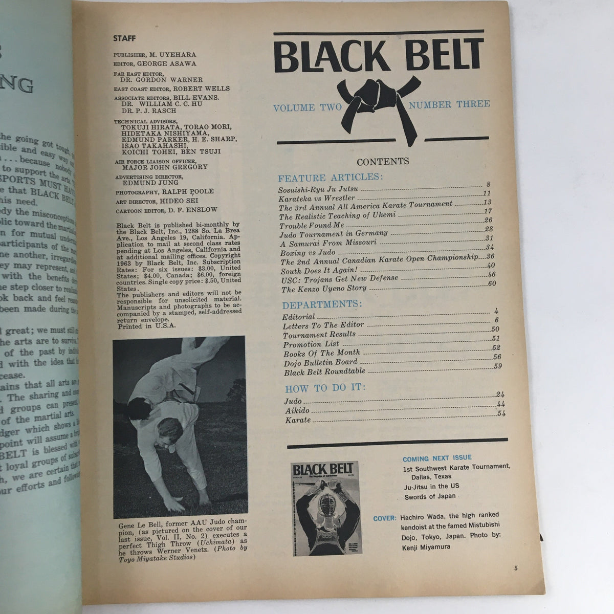 Black Belt Magazine May 1964, Volume 2 Number 3, featuring contents including Judo vs Boxing and articles by Hachiro Wada, showcasing martial arts history and techniques.