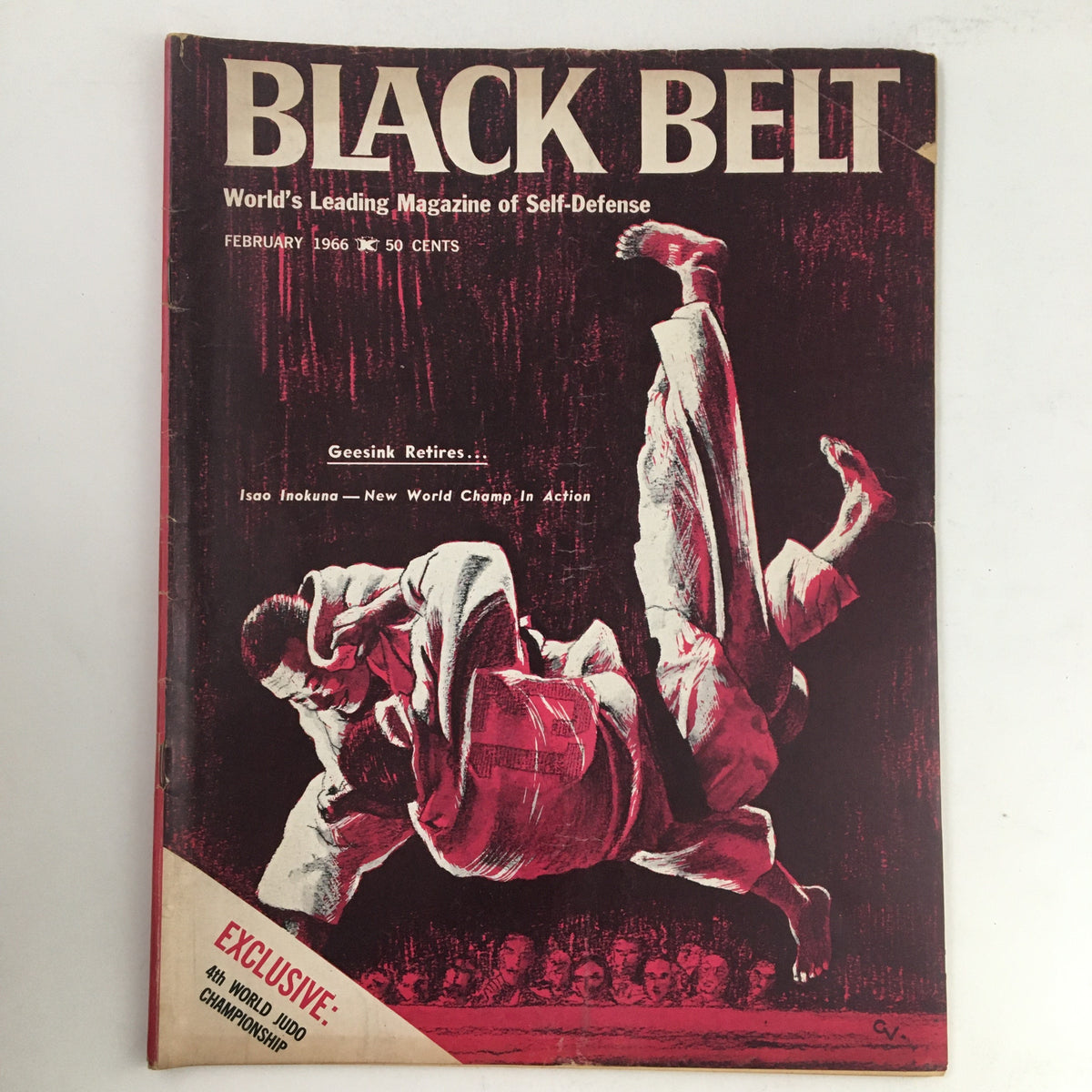 Cover of Black Belt Magazine February 1966 featuring Isao Inokuma in action as New World Champ, highlighting martial arts and self-defense.