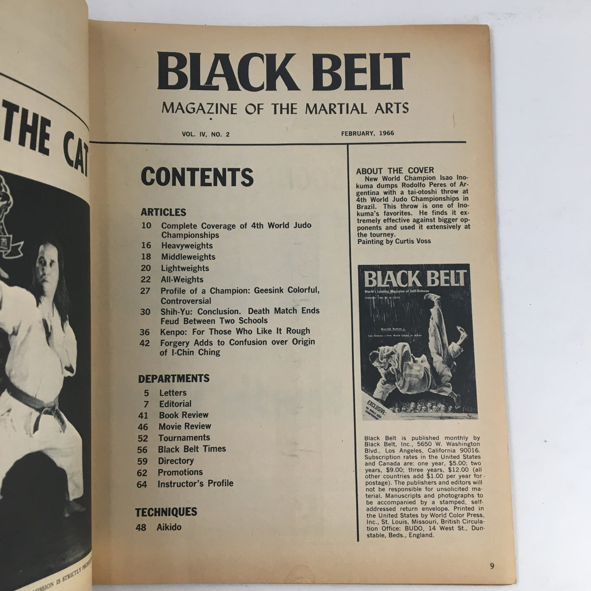 Contents page of Black Belt Magazine February 1966 outlining featured articles, including profiles and coverage of the 4th World Judo Championships.