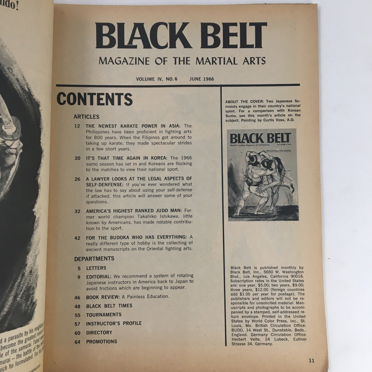 Black Belt Magazine June 1966 Vol. 4 No. 6 contents page highlighting various articles related to martial arts and self-defense topics.