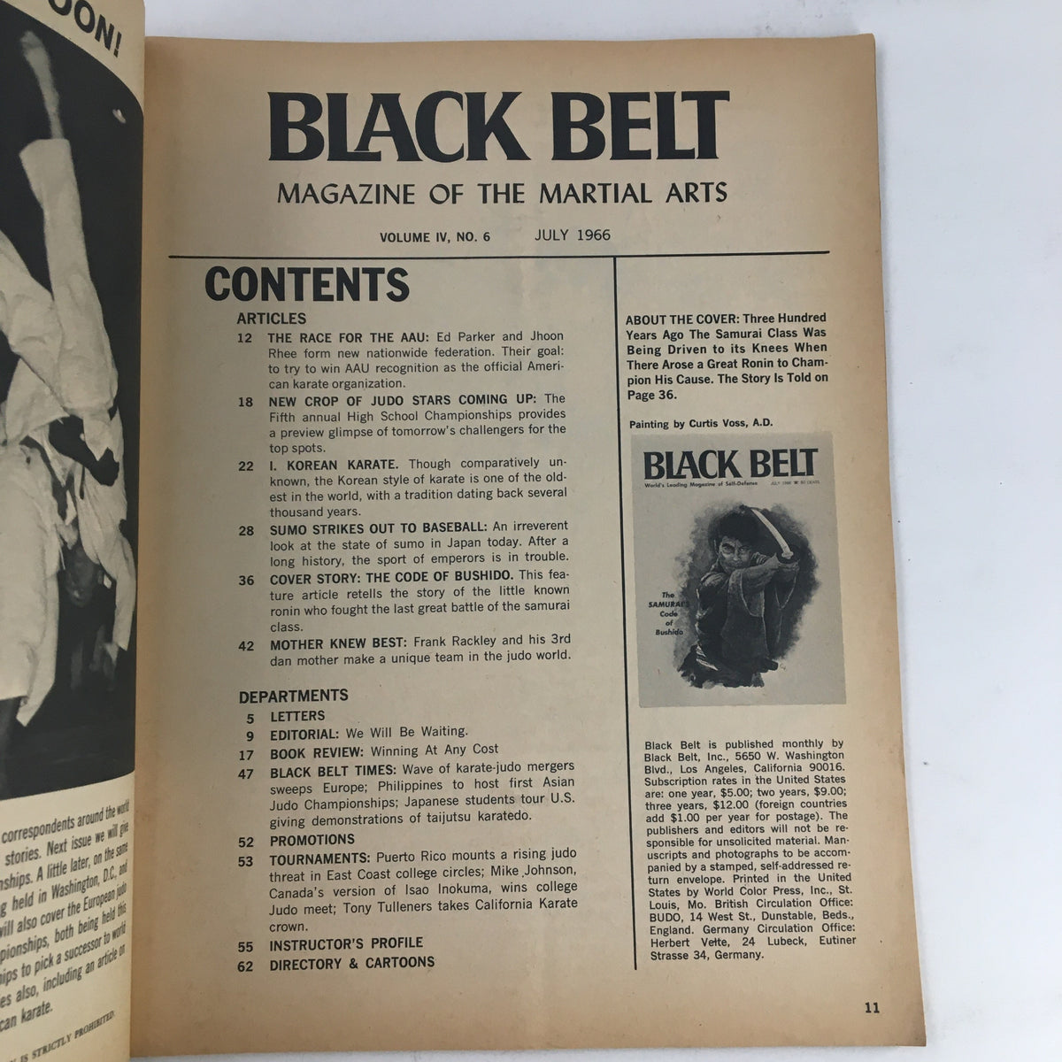 Contents page of Black Belt Magazine July 1966, highlighting articles on martial arts, including The Code of Bushido.