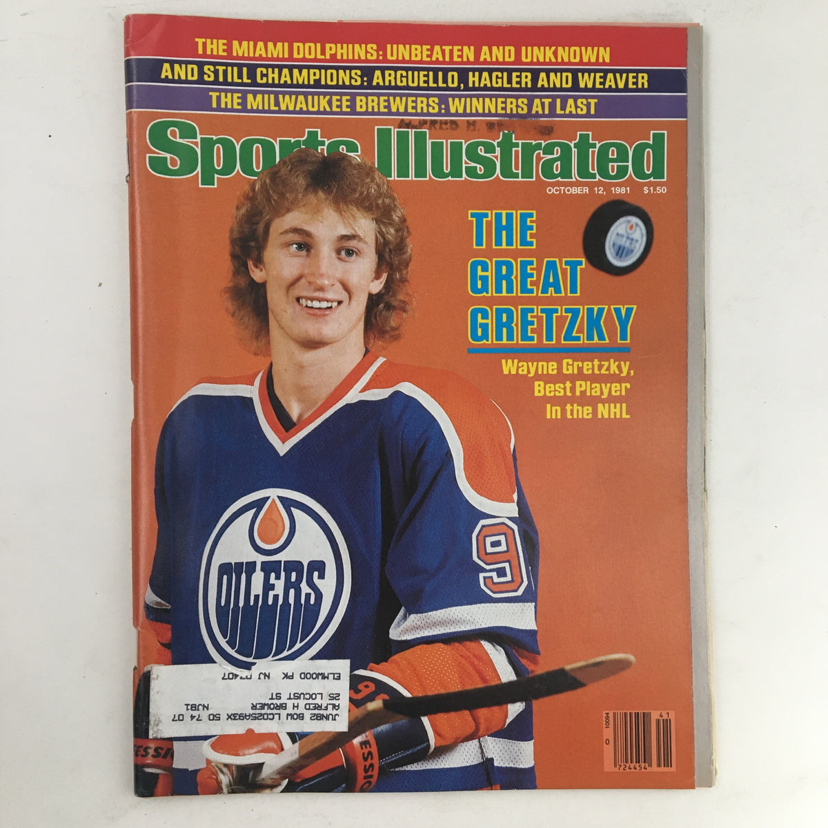 Cover of Sports Illustrated Magazine, October 12, 1981, featuring Wayne Gretzky, known as 'The Great One', in an Edmonton Oilers jersey with the headline 'THE GREAT GRETZKY' highlighting his status as the best player in the NHL.