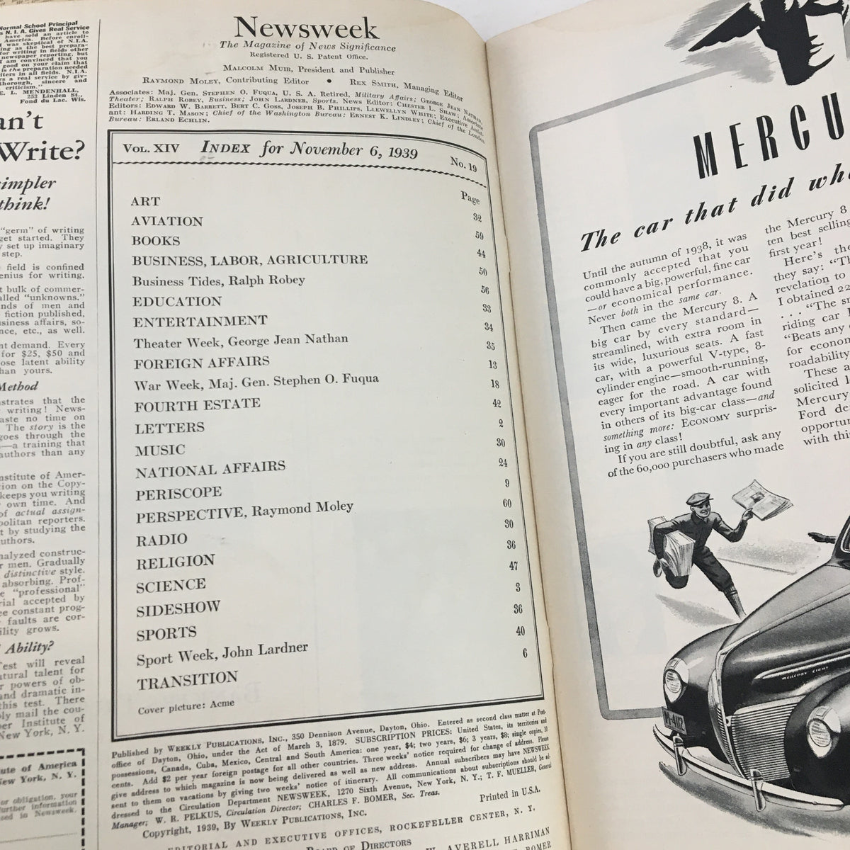 Interior page of Newsweek Magazine from November 6, 1939, featuring the index of articles including topics on aviation, foreign affairs, and national issues, as well as an advertisement for the Mercury car.