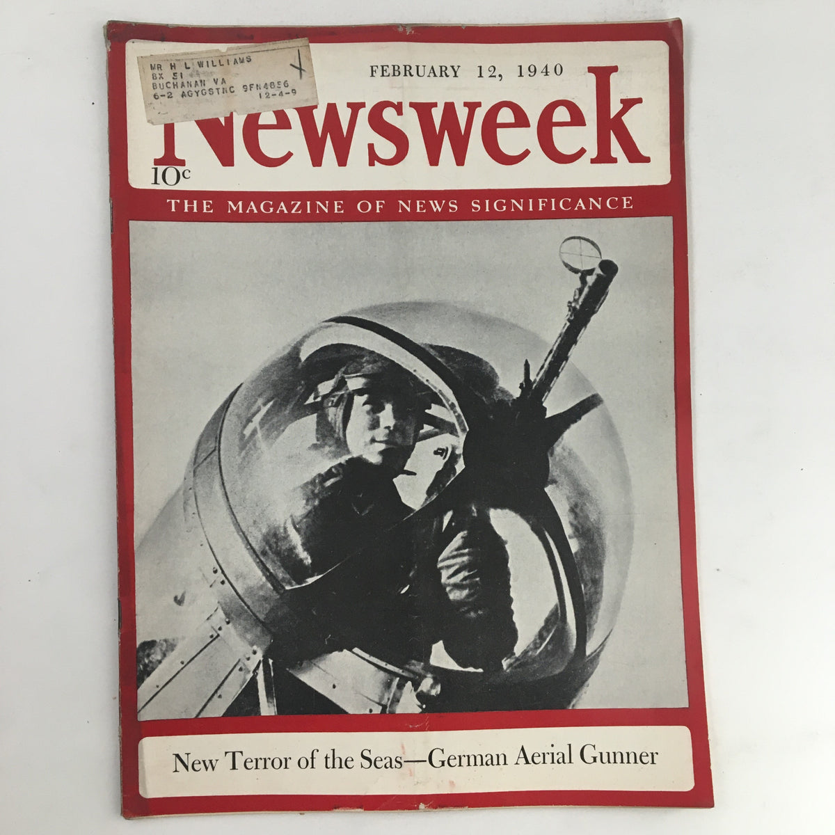 Newsweek Magazine February 12, 1940 cover showcasing the article 'New Terror of the Seas - German Aerial Gunner' with a soldier in a cockpit.