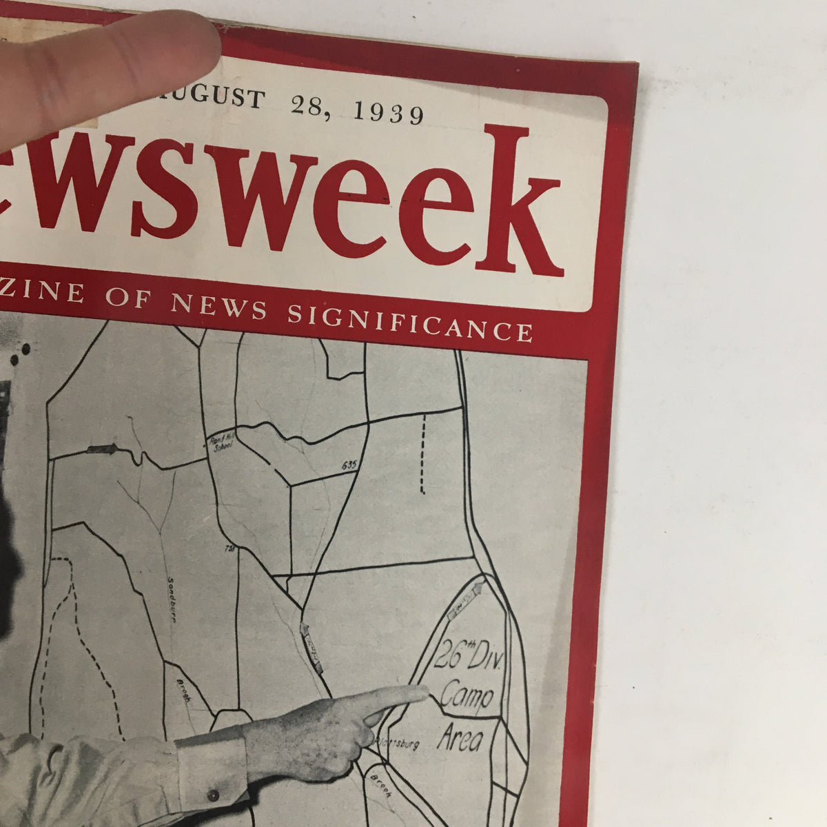 Close-up of the cover of Newsweek Magazine dated August 28, 1939, displaying Lt. Gen. Drum and a map with the title 'Newsweek' prominently featured.