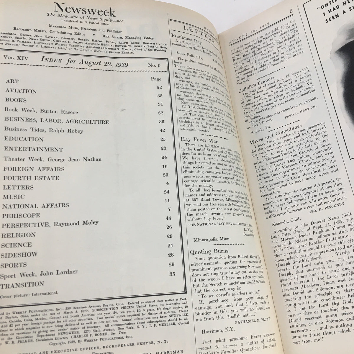 Inside page index of Newsweek Magazine from August 28, 1939, outlining articles and topics such as National Affairs and Foreign Affairs, providing a glimpse into the content of that era.