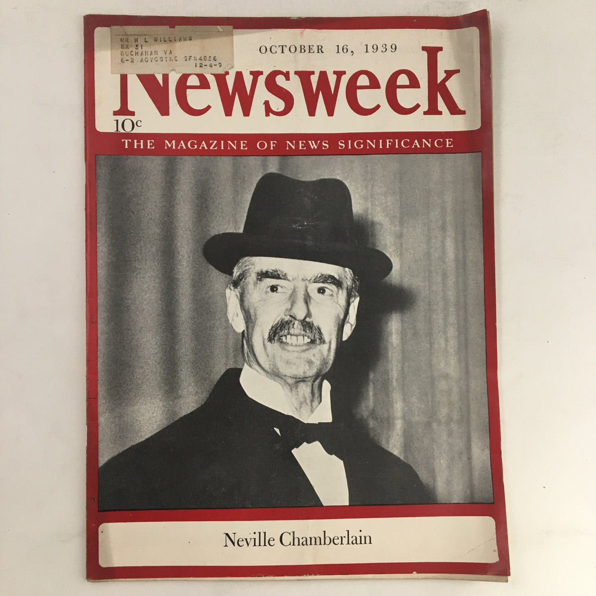 Newsweek Magazine cover from October 16, 1939 featuring Prime Minister Neville Chamberlain of the U.K. with a vintage appeal.
