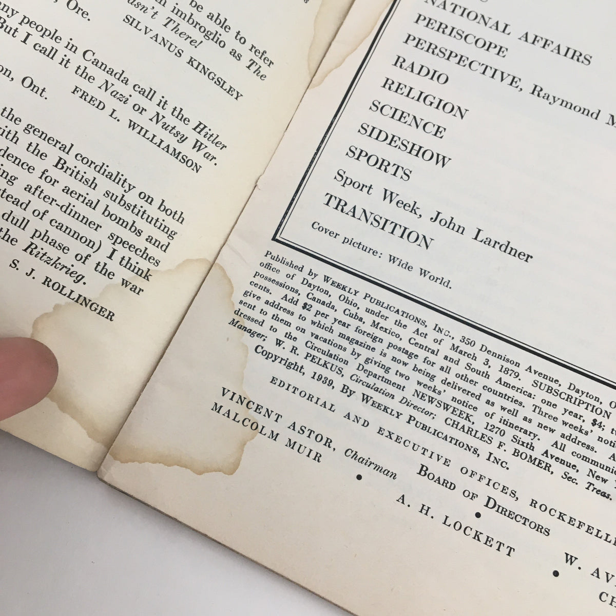 Detail of Newsweek Magazine November 27 1939 index page highlighting articles and editorial staff information.