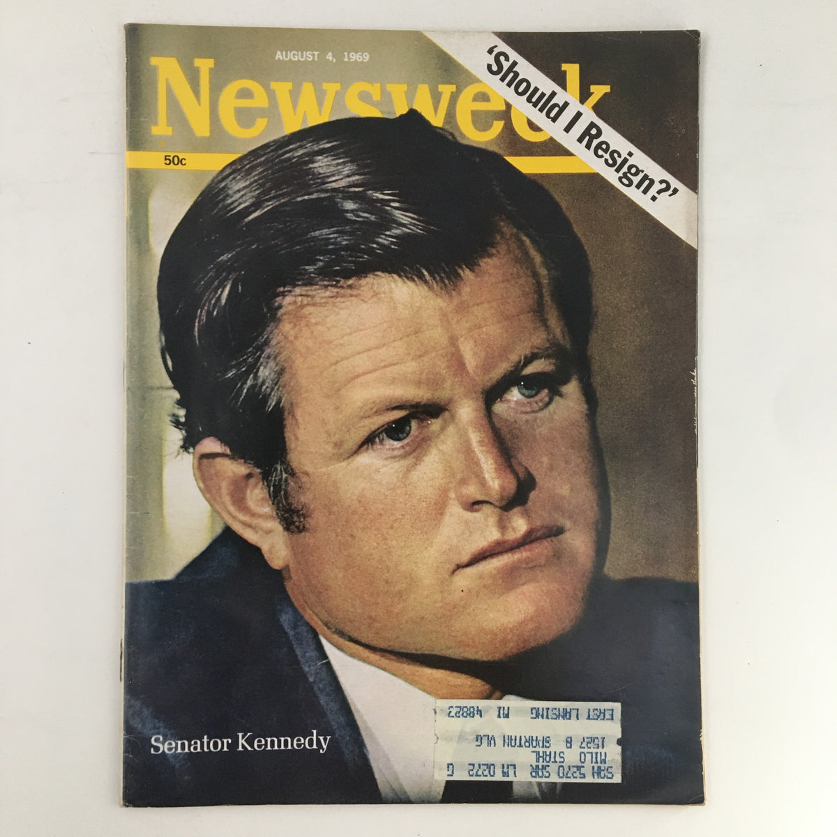 Cover of Newsweek Magazine, August 4, 1969, featuring Senator Edward 'Ted' Kennedy with the headline 'Should I Resign?'. This vintage magazine showcases a significant moment in American political history.