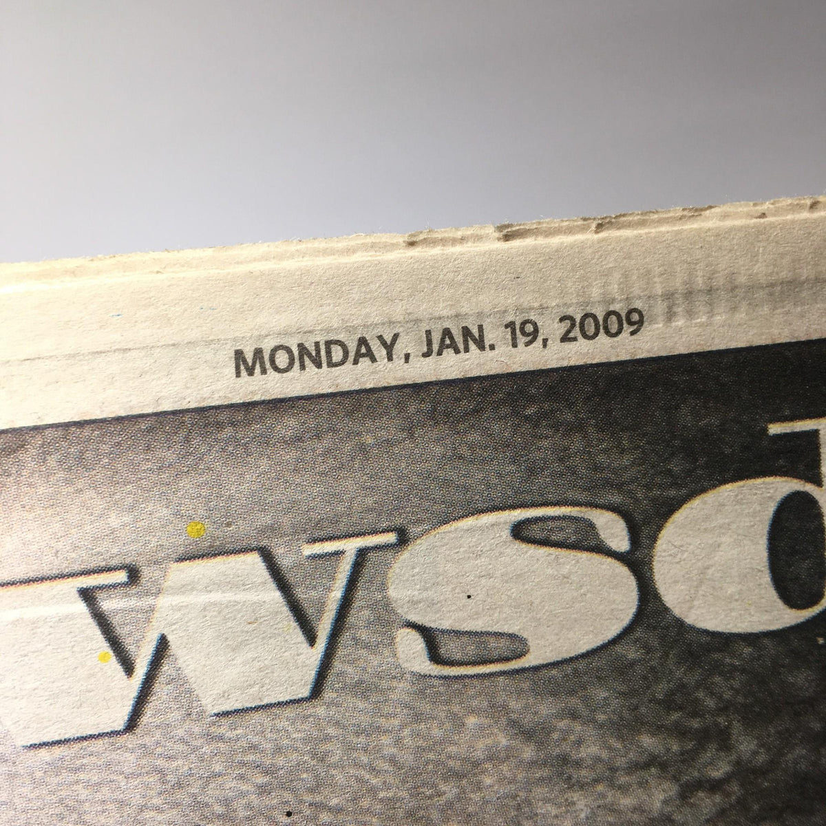 Top of a newspaper page dated 'MONDAY, JAN. 19, 2009,' from Newsday covering the inauguration of Barack Obama.