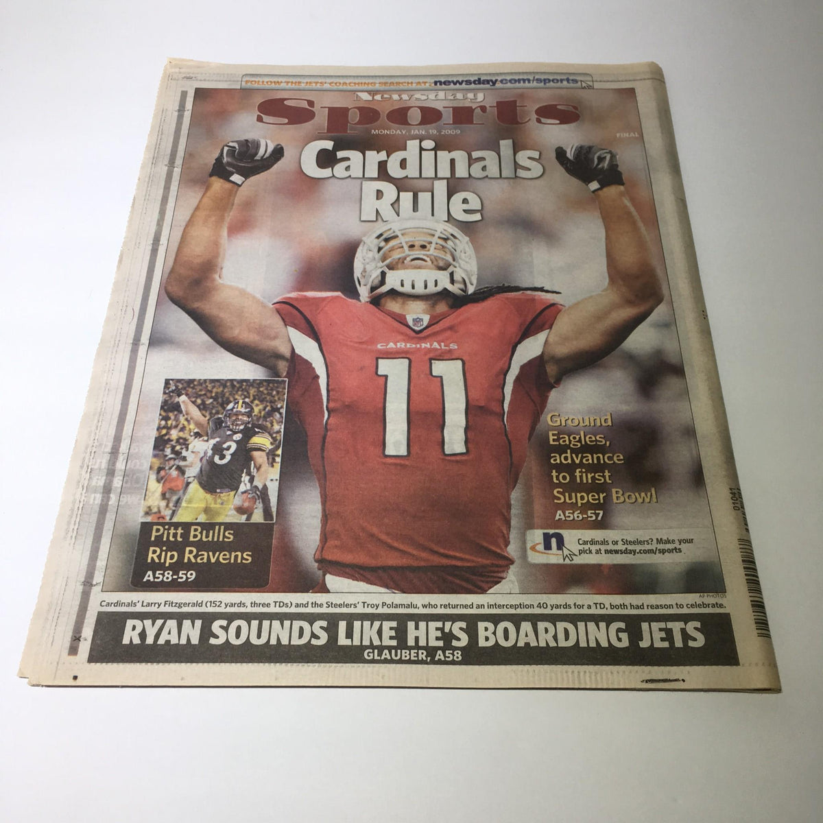 Front page of Newsday sports section featuring a large image of a football player celebrating, unrelated to Barack Obama.