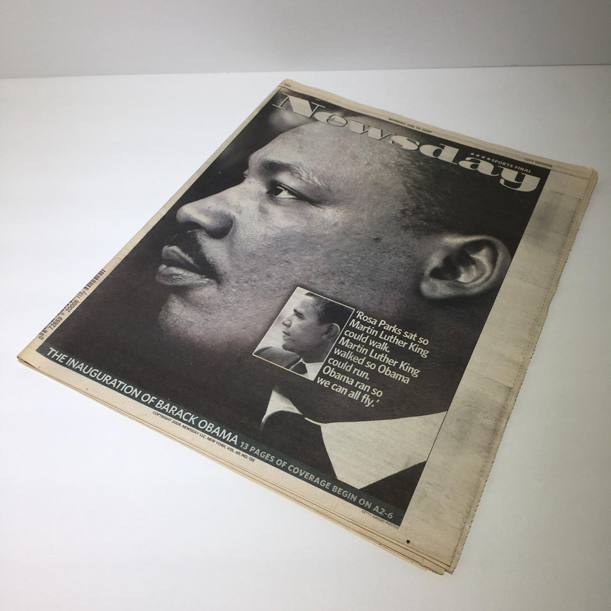 Front page of Newsday featuring a portrait of Martin Luther King Jr. with a related quote, commemorating the inauguration of Barack Obama.