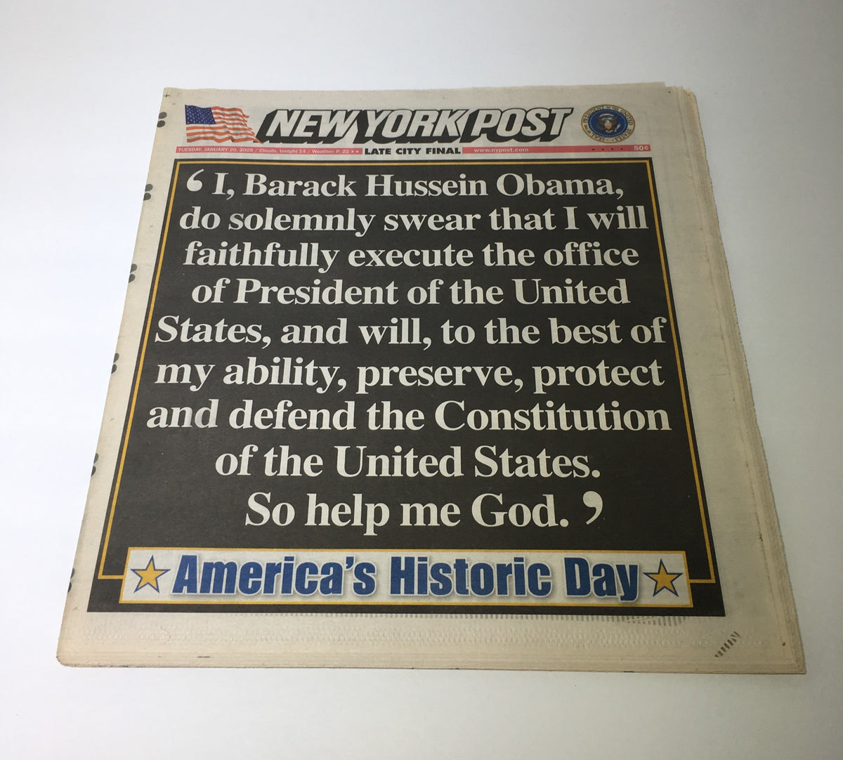 New York Post headline featuring Barack Hussein Obama's inauguration pledge, dated January 20, 2009, with the text emphasizing his commitment to the U.S. Constitution. Excellent condition.