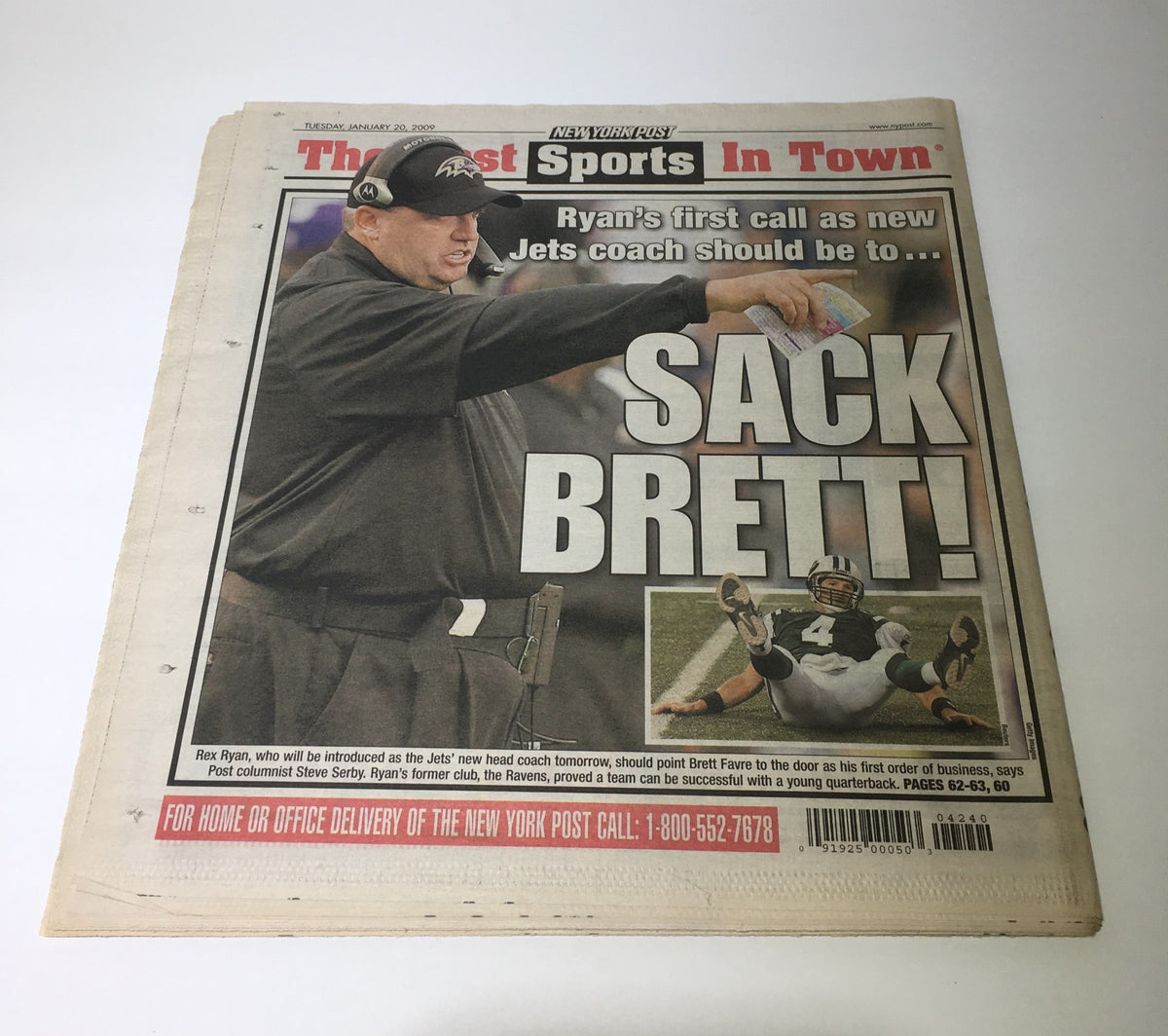 New York Post sports page featuring a prominent 'SACK BRETT!' headline, unrelated to Barack Hussein Obama, dated January 2009.