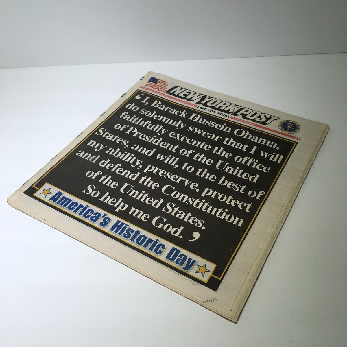 Alternate view of the New York Post showcasing Barack Hussein Obama's pledge, dated January 20, 2009, emphasizing its significance as 'America's Historic Day' in excellent condition.