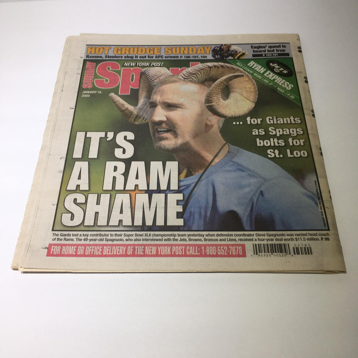 Cover of the NY Post from January 18, 2009, with the headline 'IT’S A RAM SHAME', showcasing sports news and commentary.