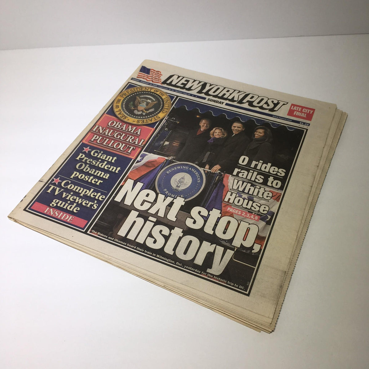Front page of the NY Post dated Jan 18, 2009, featuring the headline 'Next Stop, History' with an image of President Obama and a group of individuals. This issue captures the excitement of Obama's inauguration and significant historical moments.