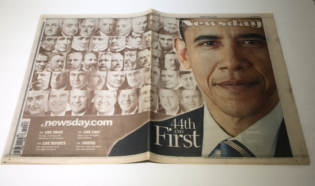 Cover of Newsday from January 20, 2009, featuring Barack Obama and the headline '44th and First' with images of historical figures in the background.