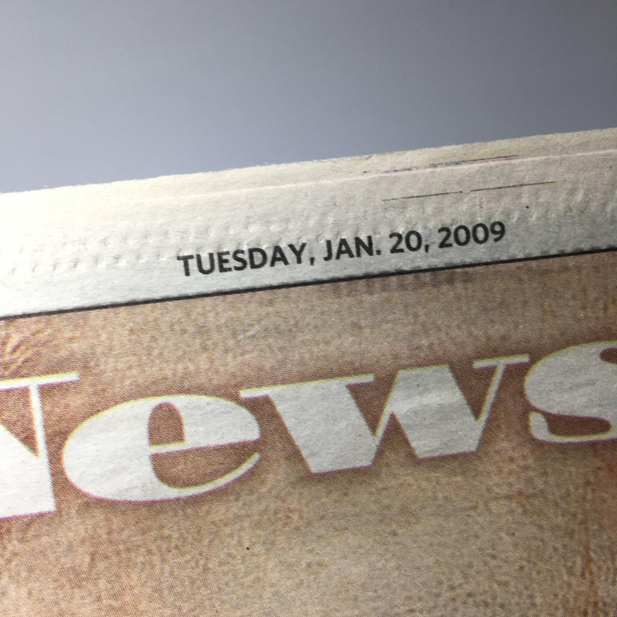 Close-up of the date on Newsday, Tuesday, January 20, 2009, emphasizing the significance of the publication on this historic day.