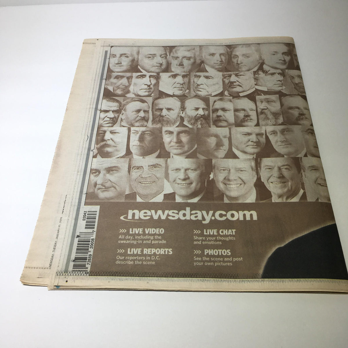 Back cover of Newsday from January 20, 2009, showcasing a collage of past presidents with the website 'newsday.com' prominently displayed.