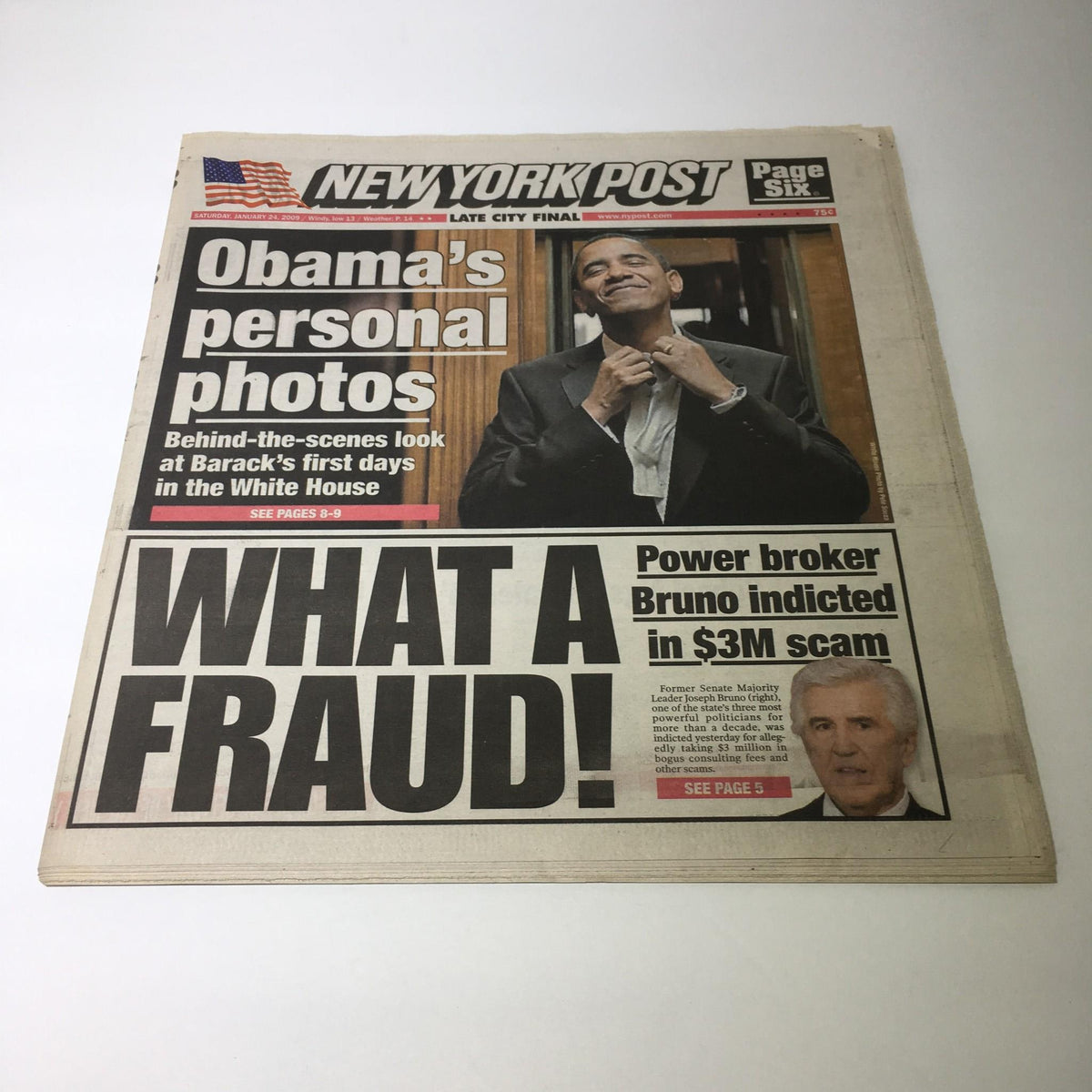 New York Post front page featuring the headline 'Obama's Personal Photos' and the statement 'What A Fraud!' from January 24, 2009, showcasing Barack Obama during his early days in the White House.