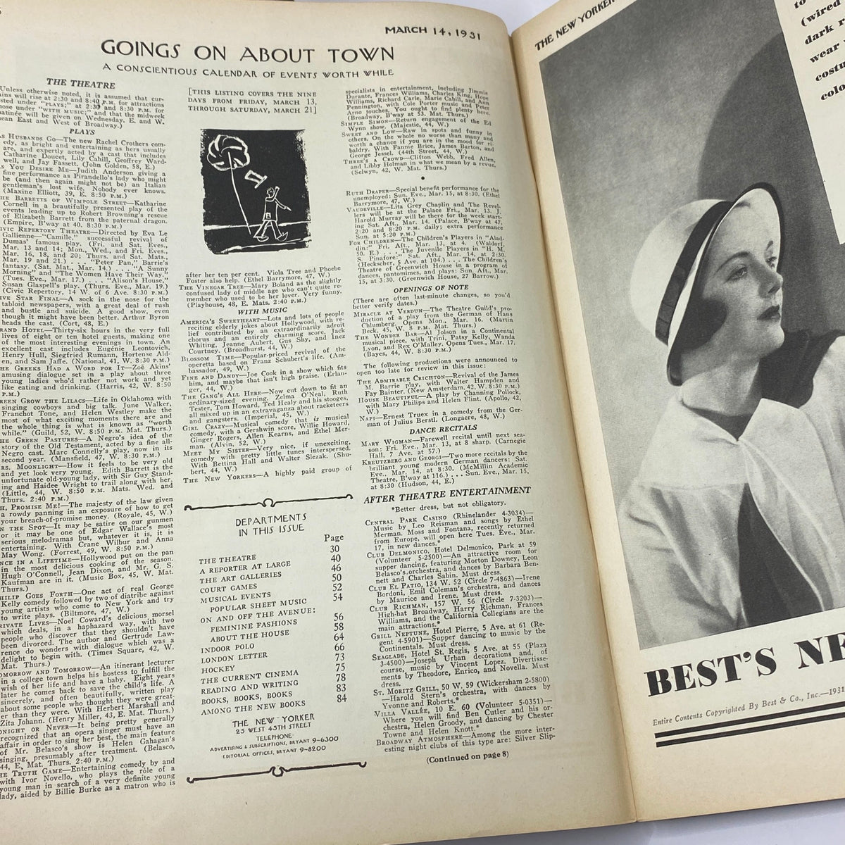 Interior page of The New Yorker Complete Magazine from March 14, 1931, featuring a calendar of events and listings, showcasing the historical content and vintage design of the publication.