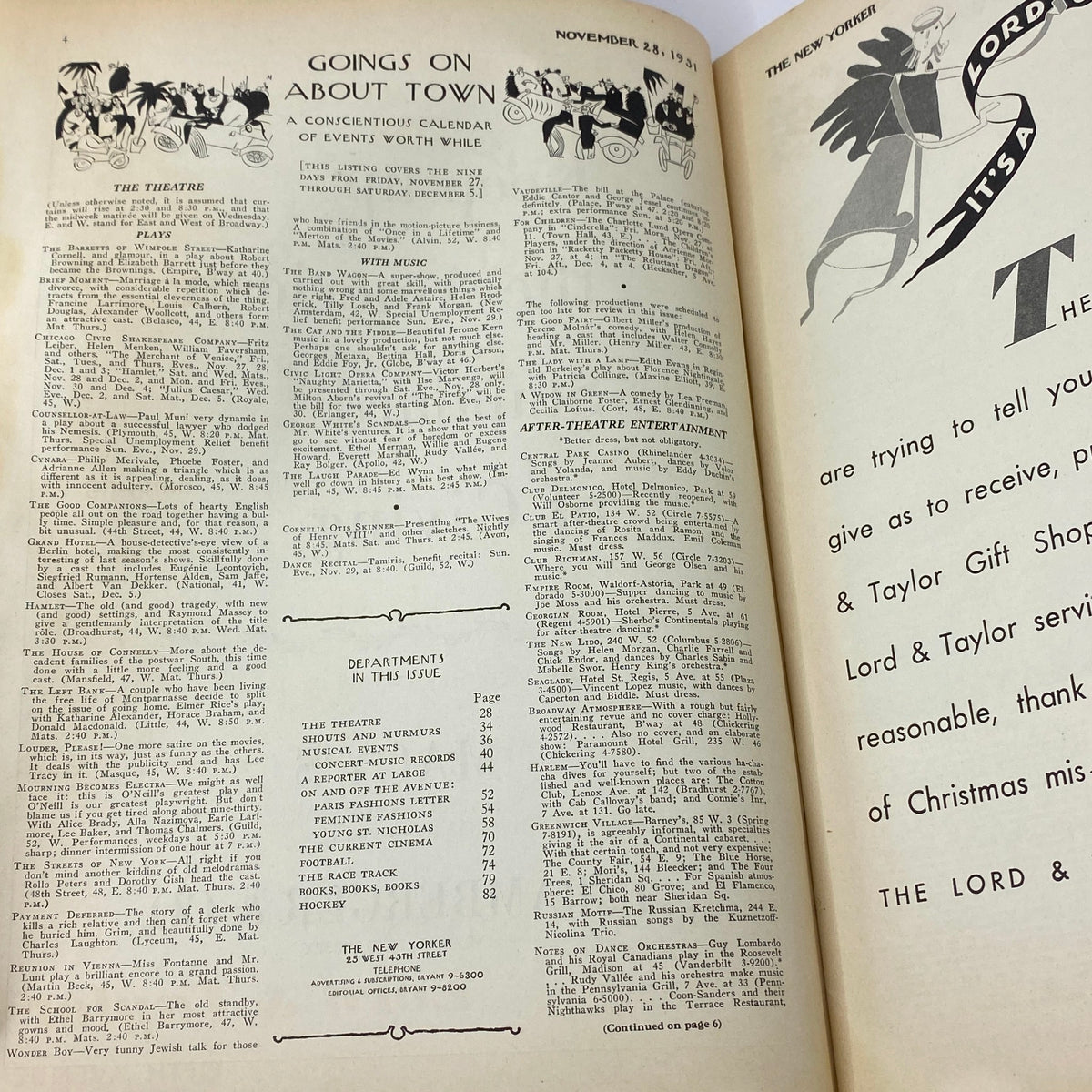 Interior page of The New Yorker Complete Magazine November 28, 1931, displaying the 'Goings On About Town' section, featuring events and cultural listings from the early 1930s.