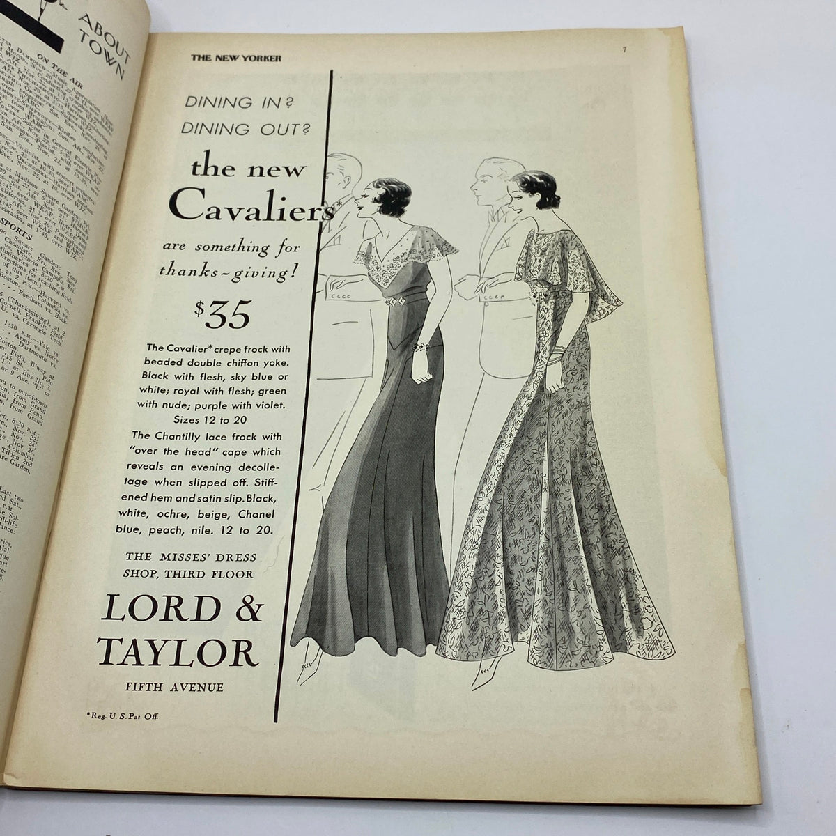 Fashion advertisement from The New Yorker magazine November 21, 1931, for the new Cavaliers dresses by Lord & Taylor, featuring elegant evening attire.
