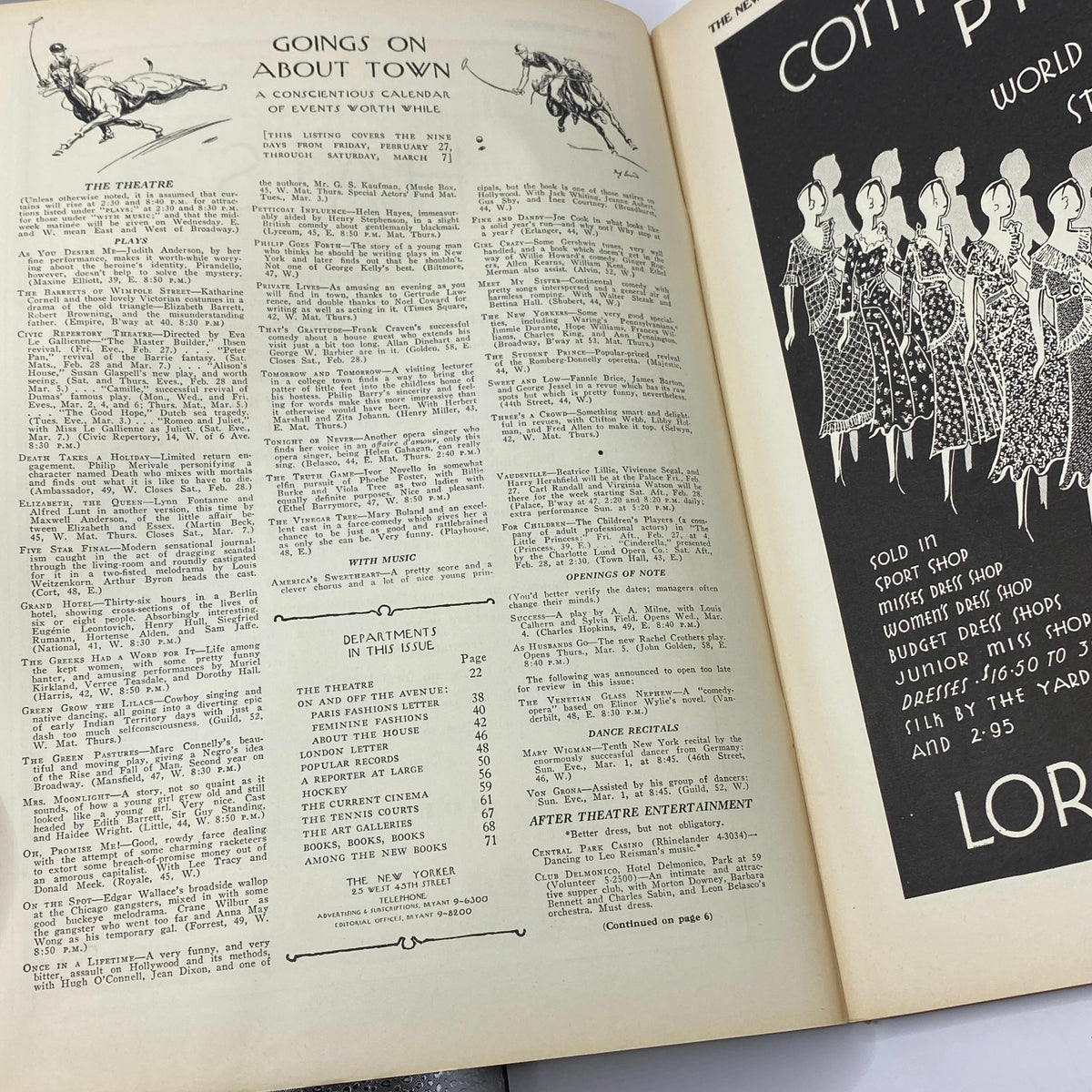 Interior view of The New Yorker magazine from February 28, 1931, showing the 'Goings On About Town' section, featuring theatrical listings and events.