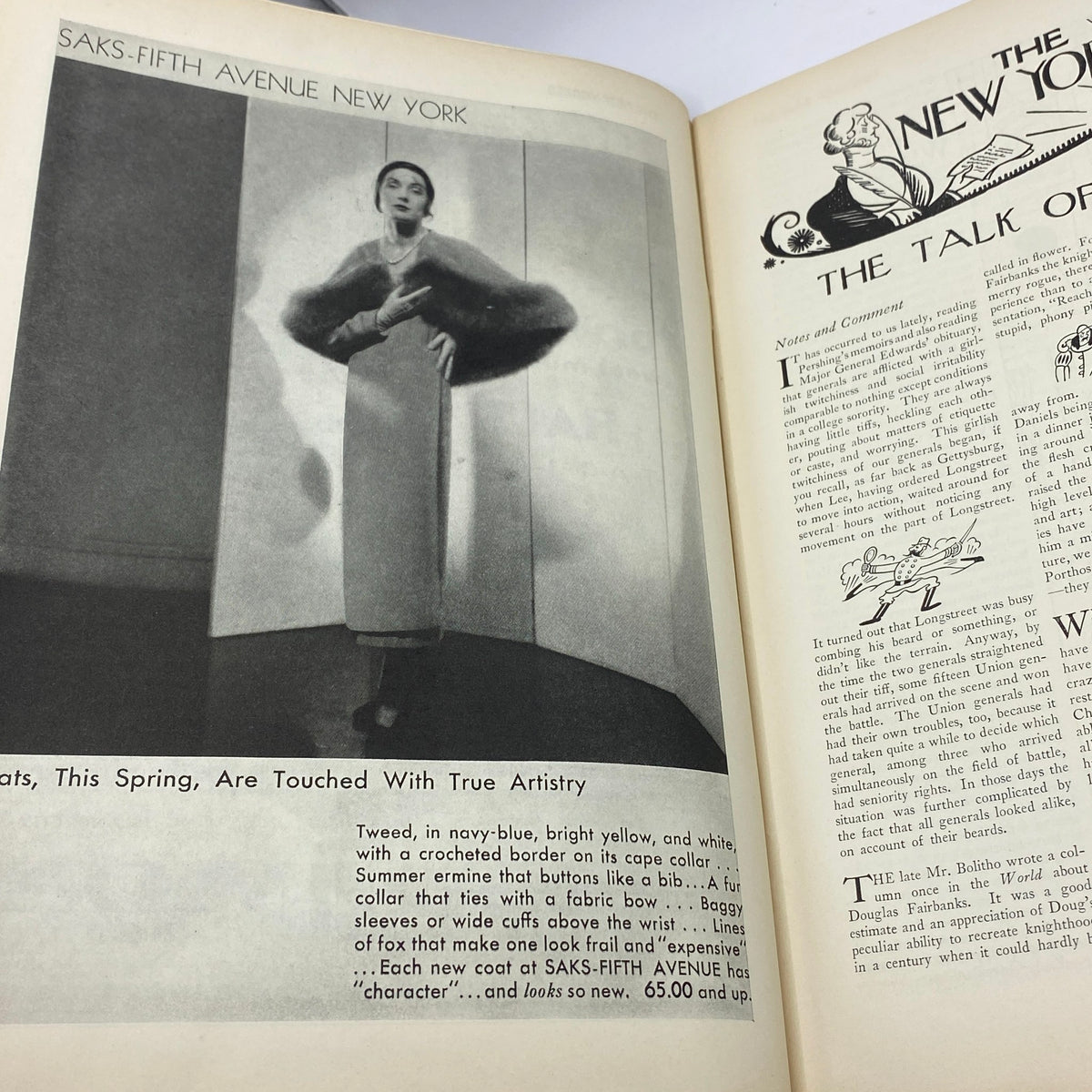 Fashion advertisement from The New Yorker magazine dated February 28, 1931, displaying a model in a stylish winter outfit from Saks Fifth Avenue.